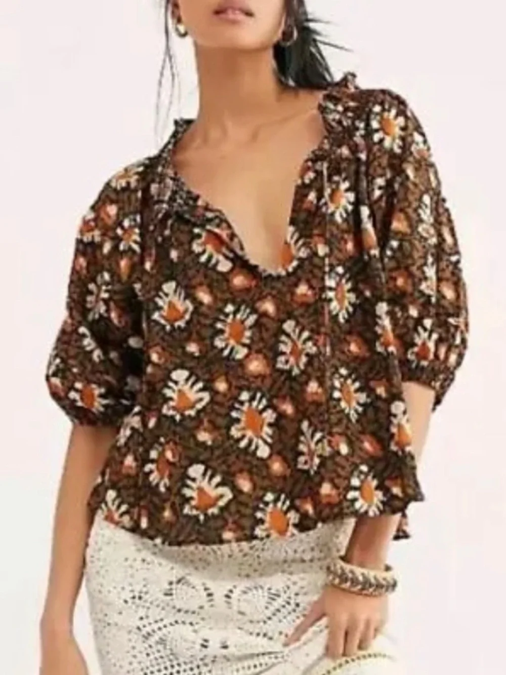 Free People || Willow Printed Top‎ Blouse Puff Sleeve Block Print Boho Brown S